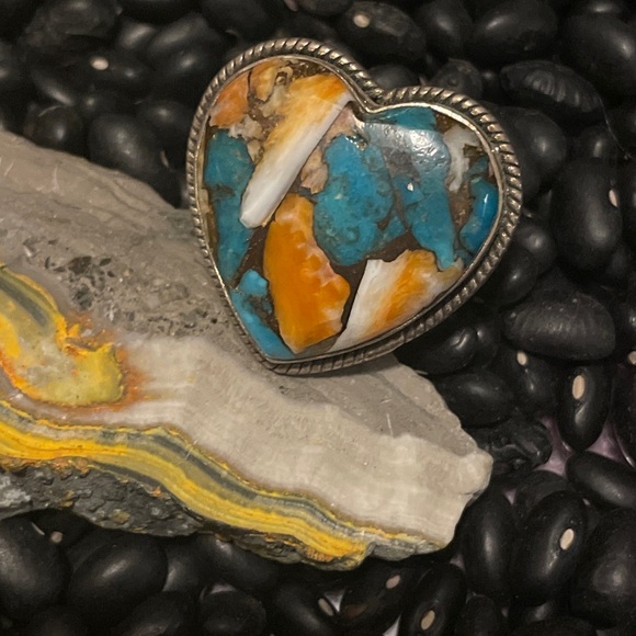 Sterling Silver Native American Sw Orange Spiny Turquoise Mix Heart Ring Adjust - Picture 3 of 9